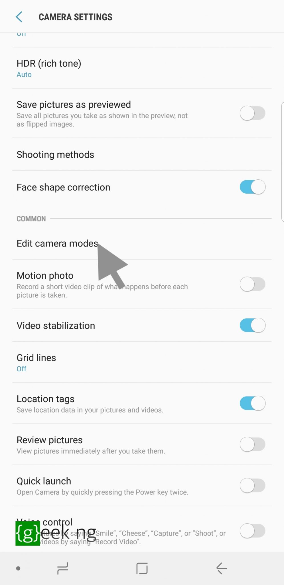samsung galaxy s9+ camera settings